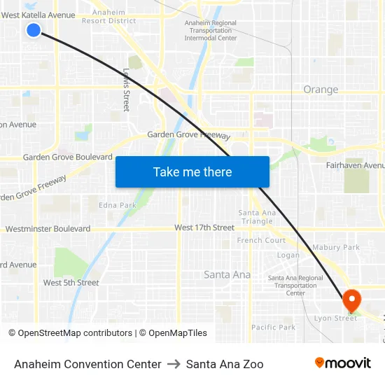 Anaheim Convention Center to Santa Ana Zoo map