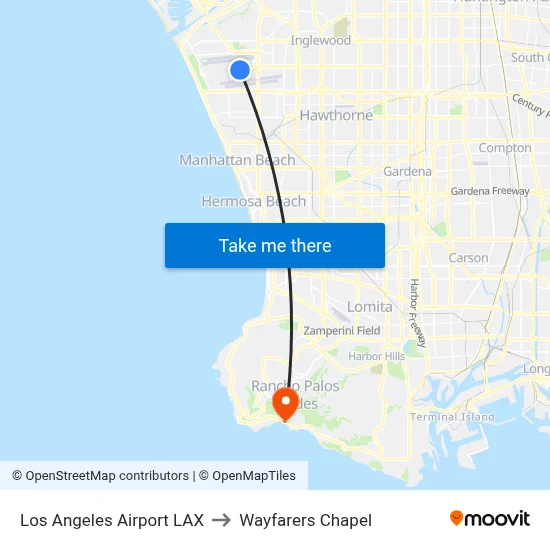 Los Angeles Airport LAX to Wayfarers Chapel map