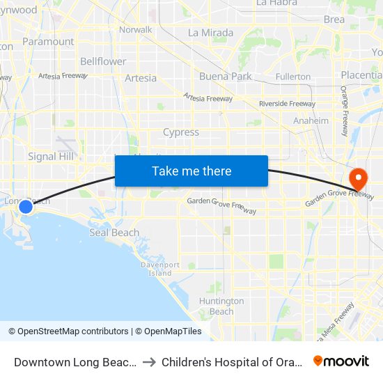 Downtown Long Beach Station to Children's Hospital of Orange County map
