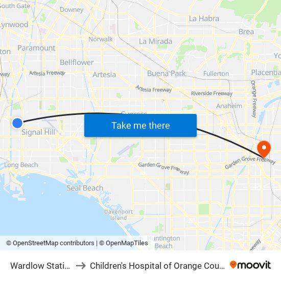 Wardlow Station to Children's Hospital of Orange County map