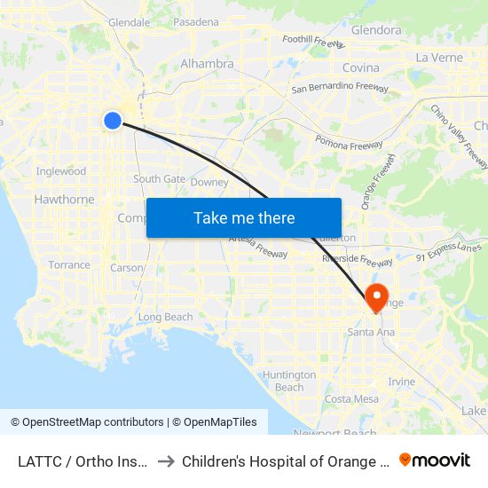 LATTC / Ortho Institute to Children's Hospital of Orange County map