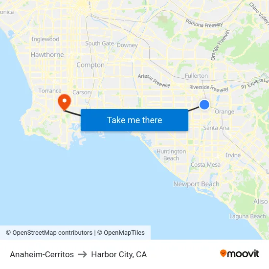 Anaheim-Cerritos to Harbor City, CA map