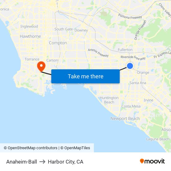Anaheim-Ball to Harbor City, CA map
