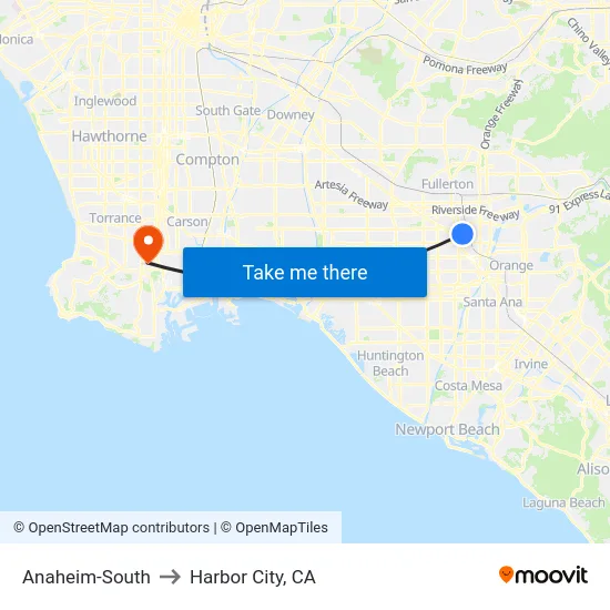 Anaheim-South to Harbor City, CA map