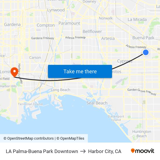 LA Palma-Buena Park Downtown to Harbor City, CA map