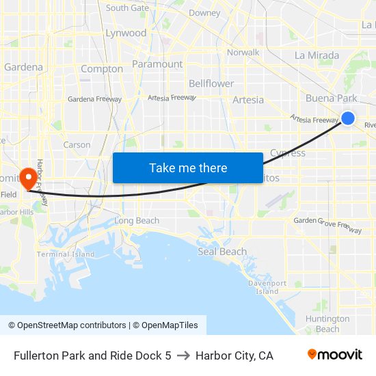 Fullerton Park and Ride Dock 5 to Harbor City, CA map