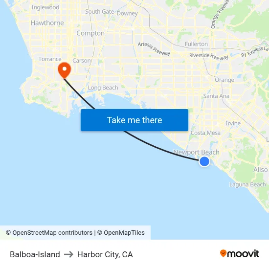 Balboa-Island to Harbor City, CA map