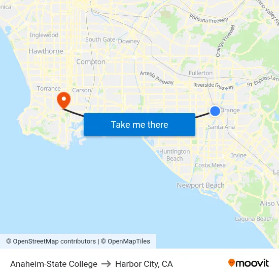 Anaheim-State College to Harbor City, CA map