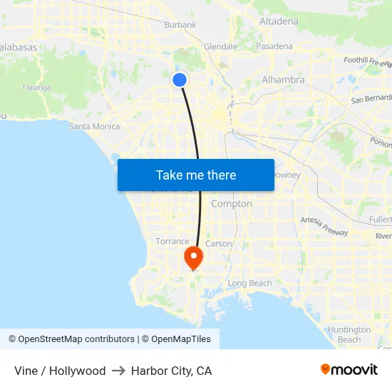 Vine / Hollywood to Harbor City, CA map