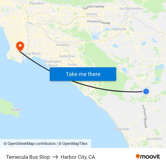 Temecula Bus Stop to Harbor City, CA map