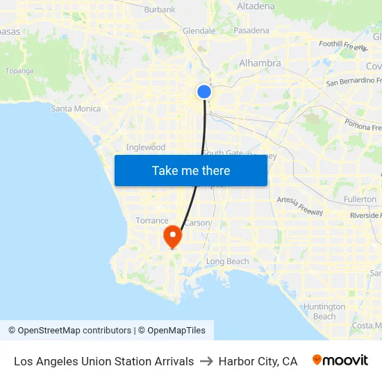 Los Angeles Union Station Arrivals to Harbor City, CA map