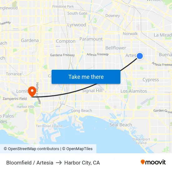 Bloomfield / Artesia to Harbor City, CA map
