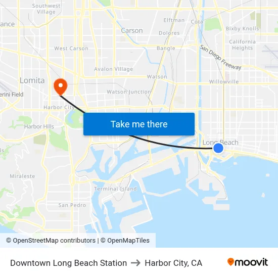 Downtown Long Beach Station to Harbor City, CA map