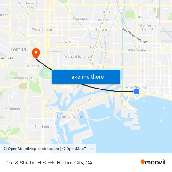 1st & Shelter H S to Harbor City, CA map