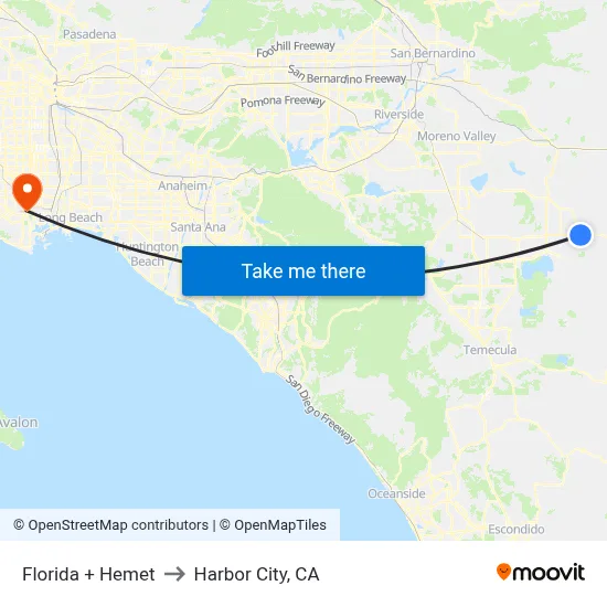 Florida + Hemet to Harbor City, CA map