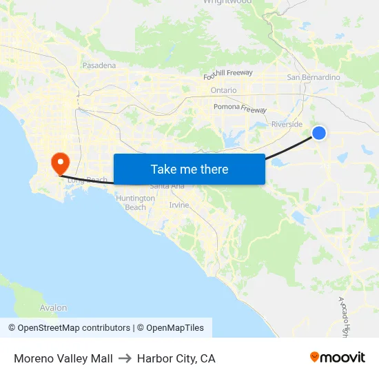 Moreno Valley Mall to Harbor City, CA map