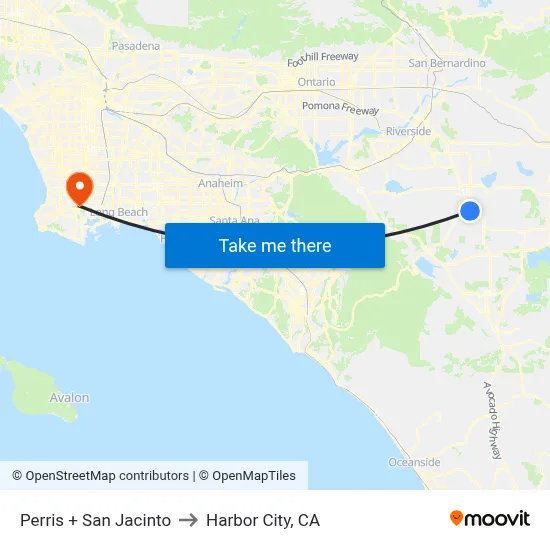 Perris + San Jacinto to Harbor City, CA map