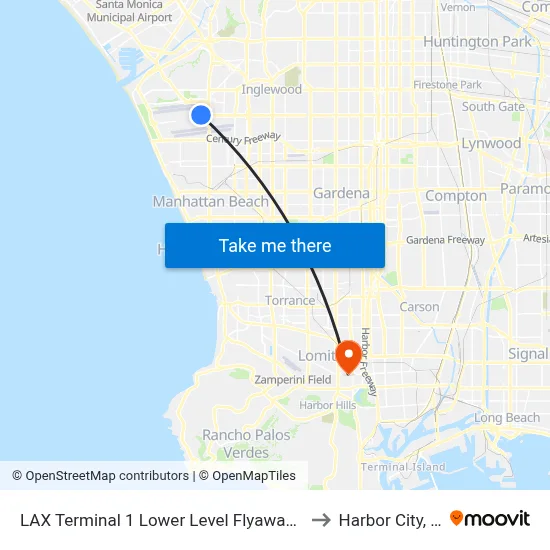 LAX Terminal 1 Lower Level Flyaway Stop to Harbor City, CA map