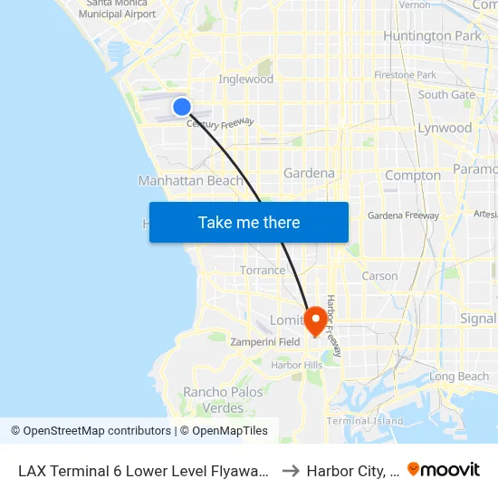 LAX Terminal 6 Lower Level Flyaway Stop to Harbor City, CA map