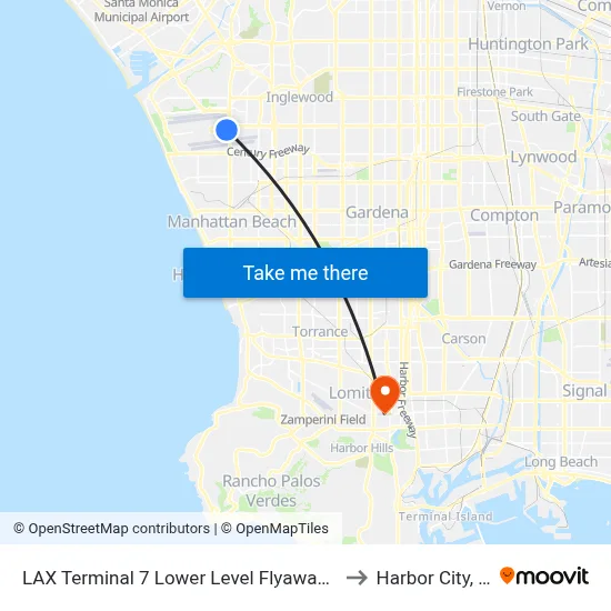 LAX Terminal 7 Lower Level Flyaway Stop to Harbor City, CA map