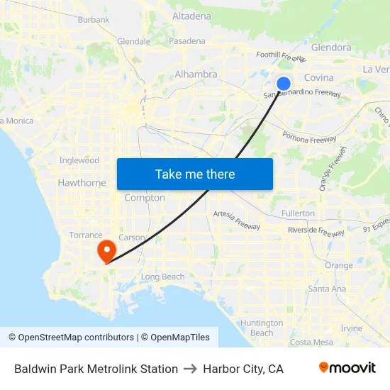 Baldwin Park Metrolink Station to Harbor City, CA map