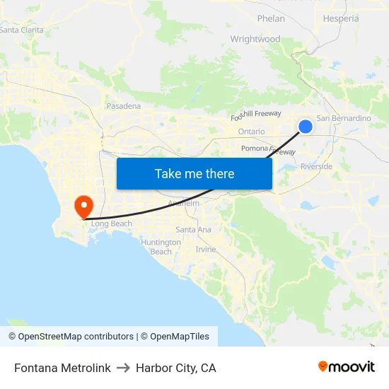 Fontana Metrolink to Harbor City, CA map