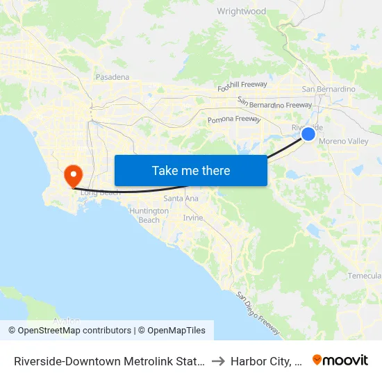 Riverside-Downtown Metrolink Station to Harbor City, CA map