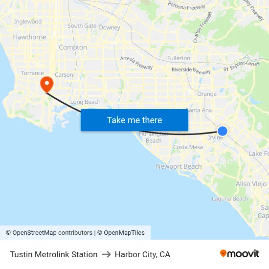 Tustin Metrolink Station to Harbor City, CA map