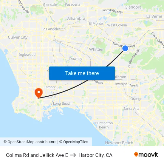 Colima Rd and Jellick Ave E to Harbor City, CA map