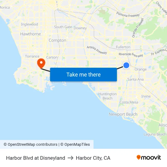 Harbor Blvd at Disneyland to Harbor City, CA map