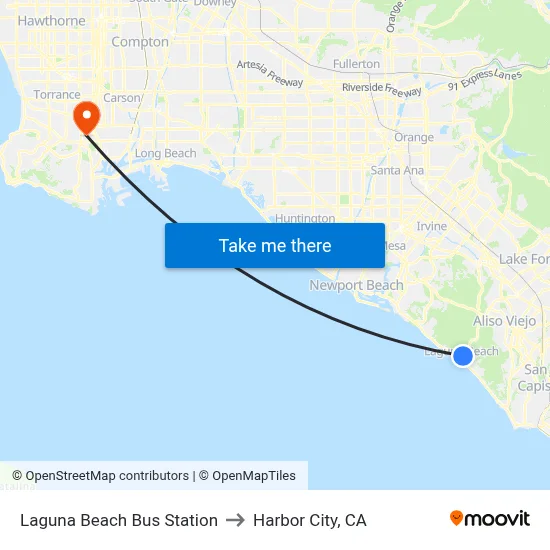 Laguna Beach Bus Station to Harbor City, CA map