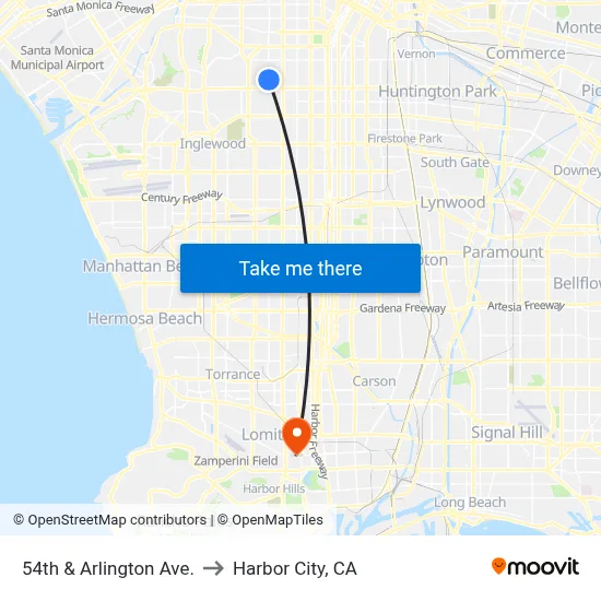 54th & Arlington Ave. to Harbor City, CA map