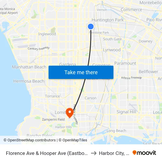 Florence Ave & Hooper Ave (Eastbound) to Harbor City, CA map
