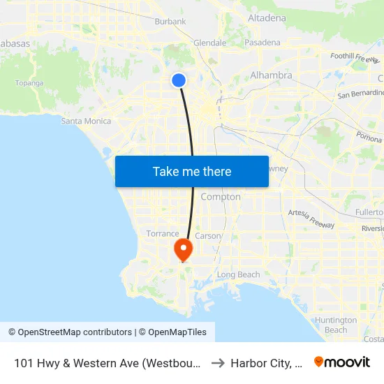 101 Hwy & Western Ave (Westbound) to Harbor City, CA map