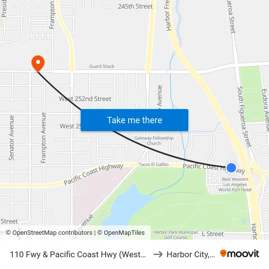 110 Fwy & Pacific Coast Hwy (Westbound) to Harbor City, CA map
