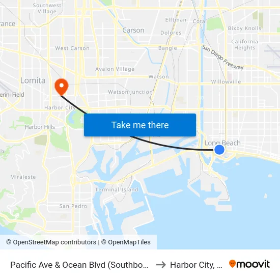Pacific Ave & Ocean Blvd (Southbound) to Harbor City, CA map