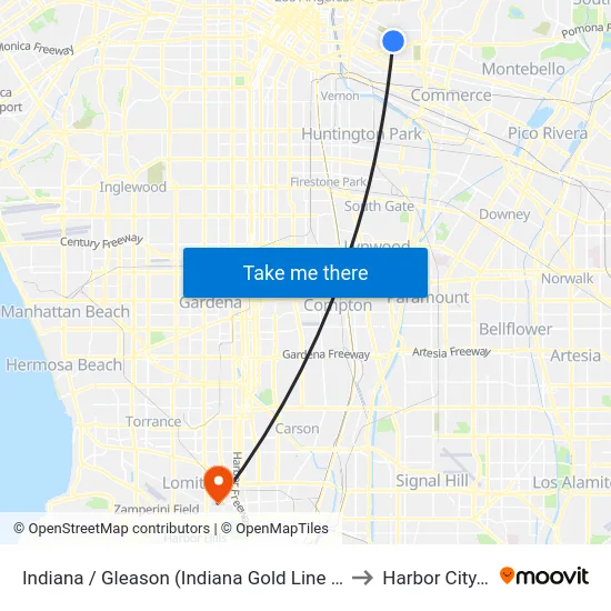 Indiana / Gleason (Indiana Gold Line Station) to Harbor City, CA map