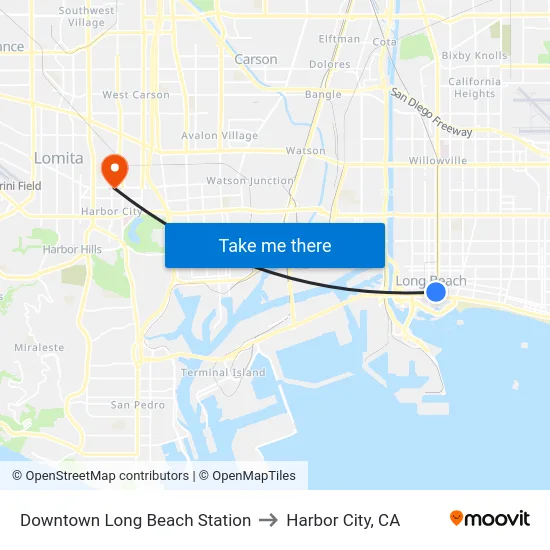 Downtown Long Beach Station to Harbor City, CA map