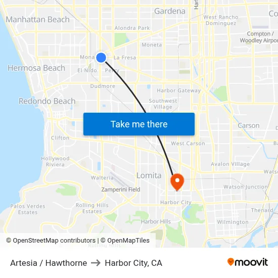 Artesia / Hawthorne to Harbor City, CA map