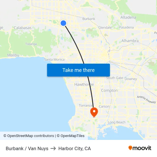 Burbank / Van Nuys to Harbor City, CA map