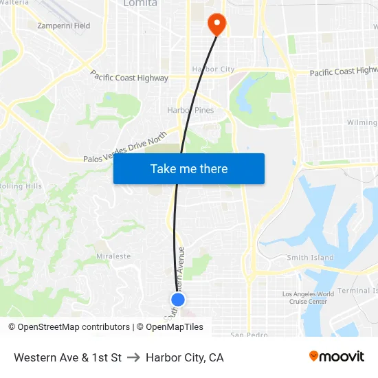 Western Ave & 1st St to Harbor City, CA map