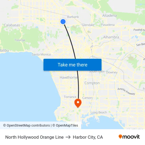 North Hollywood Orange Line to Harbor City, CA map