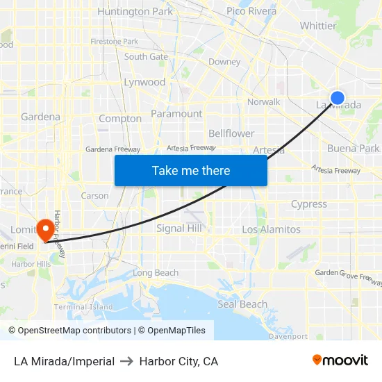 LA Mirada/Imperial to Harbor City, CA map