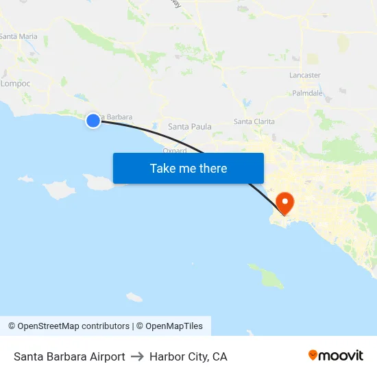 Santa Barbara Airport to Harbor City, CA map