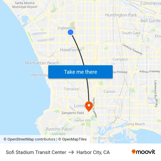 Sofi Stadium Transit Center to Harbor City, CA map