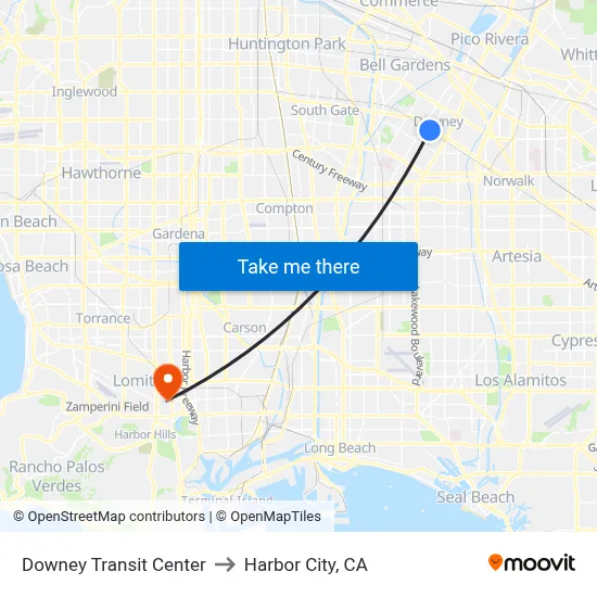 Downey Transit Center to Harbor City, CA map
