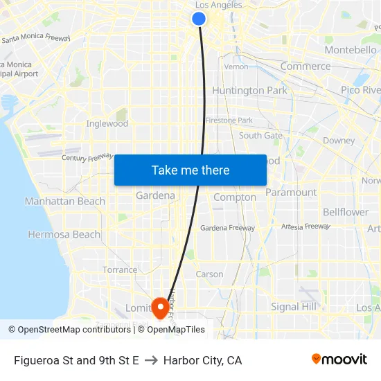 Figueroa St and 9th St E to Harbor City, CA map