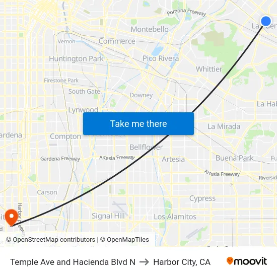 Temple Ave and Hacienda Blvd N to Harbor City, CA map