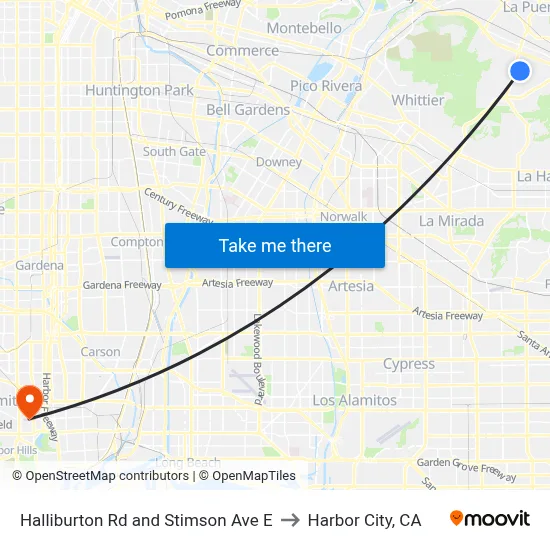 Halliburton Rd and Stimson Ave E to Harbor City, CA map