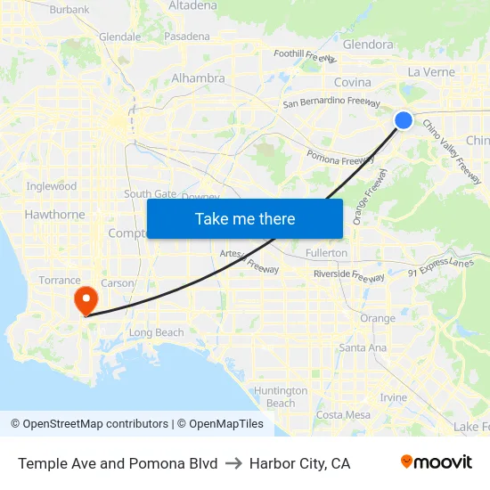 Temple Ave and Pomona Blvd to Harbor City, CA map